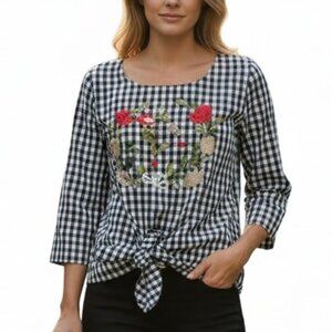 Romeo + Juliet Couture Embroidered Tie Front Top Women’s Small Checkered